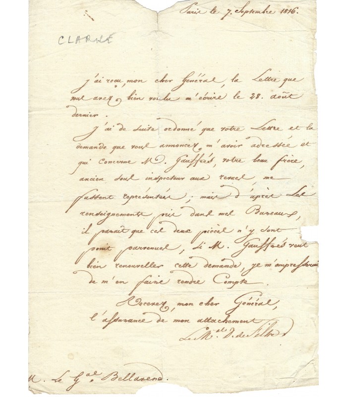 CLARKE (Henri), général, comte d'Hunebourg, duc de Feltre. Lettre autographe (G 1495)