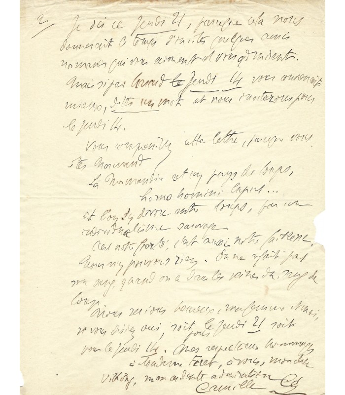 CE Camille, écrivain. Lettre Autographe (G 1011)