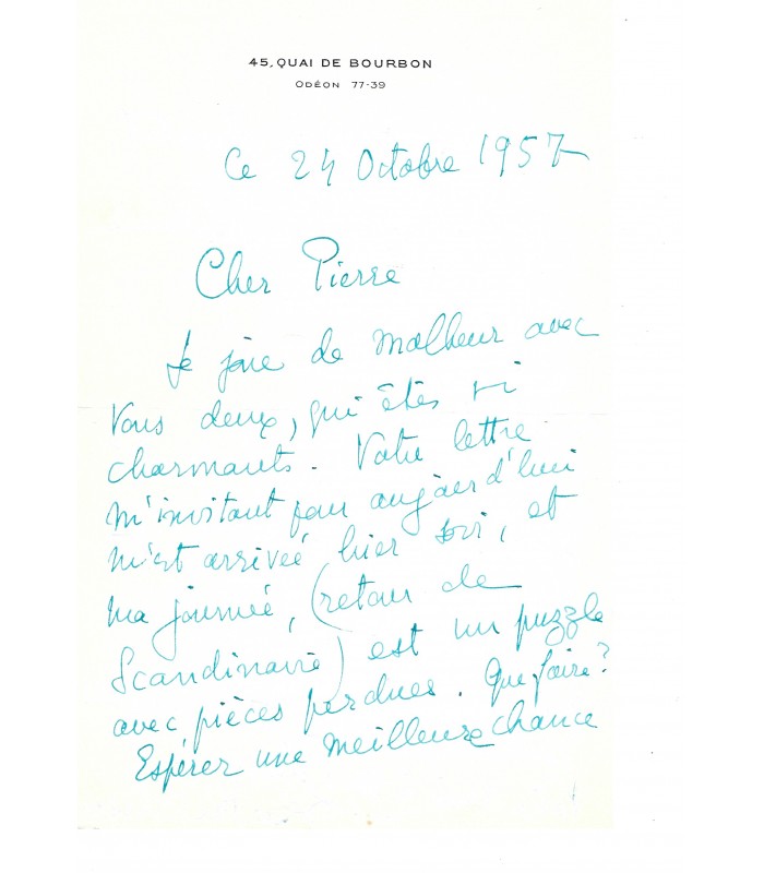 BIBESCO Marthe, princesse. Femme de lettres. Lettre autographe (G 3552)