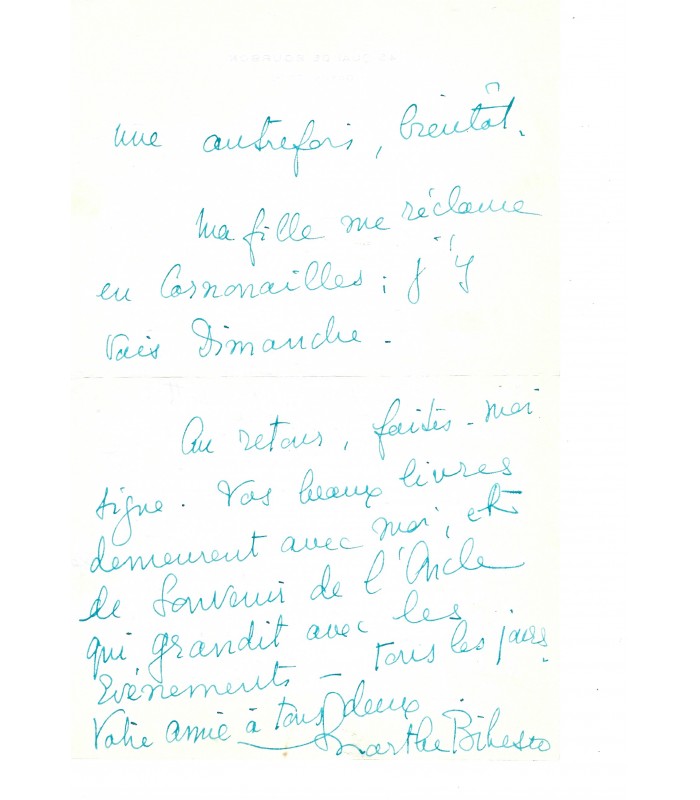 BIBESCO Marthe, princesse. Femme de lettres. Lettre autographe (G 3552)