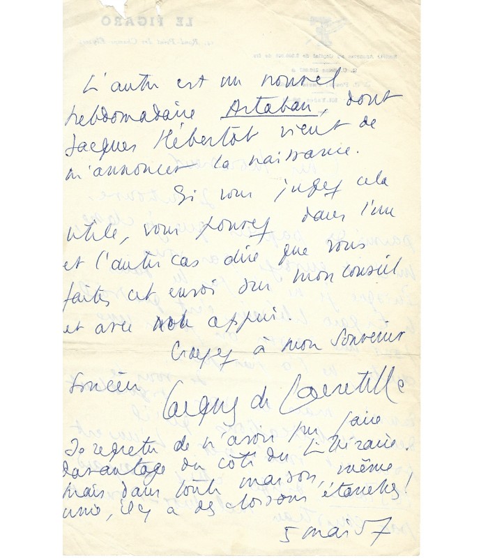 LACRETELLE (Jacques de), écrivain. Lettre autographe (G 3059)