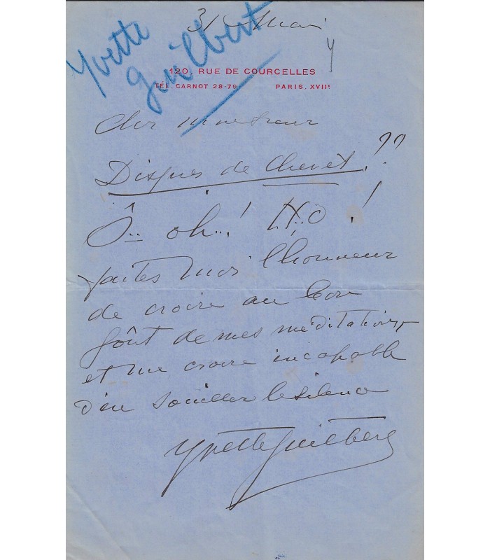 GUILBERT Yvette, chanteuse. Lettre autographe (G 5299)