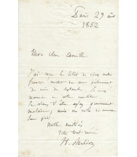 BERLIOZ Hector, compositeur. Lettre  Autographe (G 3629)