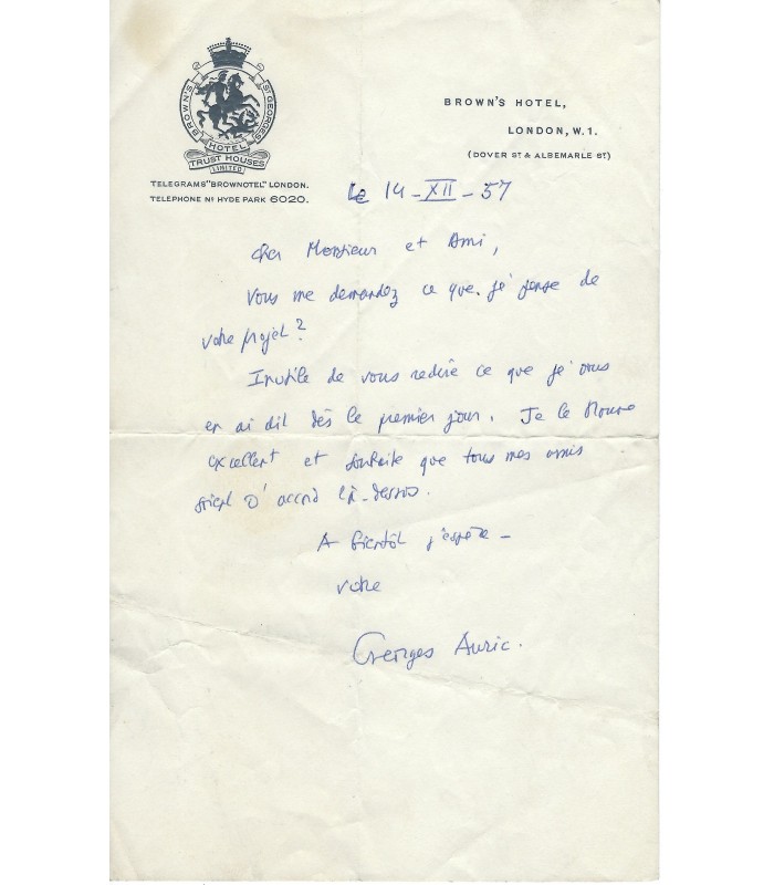 AURIC Georges, compositeur. Lettre Autographe (G 5950)