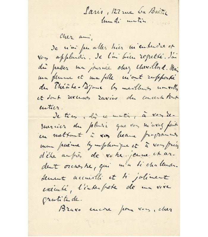 BRUNEAU Alfred, compositeur. Lettre Autographe (G 3433)