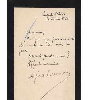 BRUNEAU Alfred, compositeur. Lettre Autographe (G 3119)