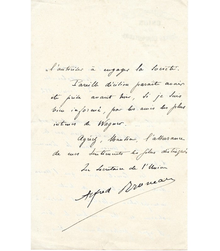 BRUNEAU Alfred, compositeur. Lettre Autographe (G 2221)