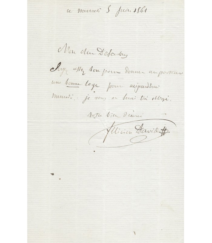 DAVID (Félicien), compositeur. 2 Billets Autographes (G 2726-972 )