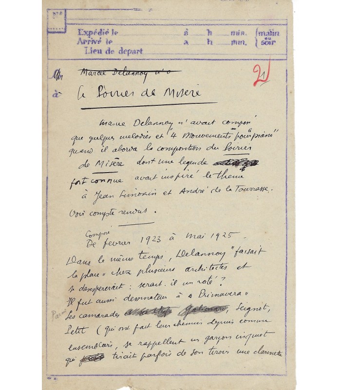 DELANNOY Marcel,  compositeur.  4 Manuscrits Autographes (G 5104)