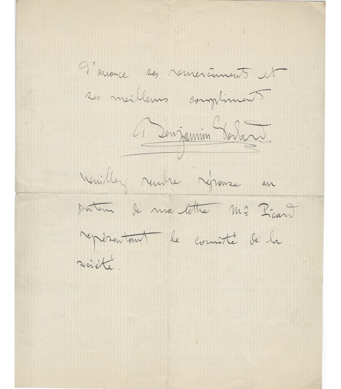GODARD Benjamin, compositeur. Lettre Autographe (G 2222)