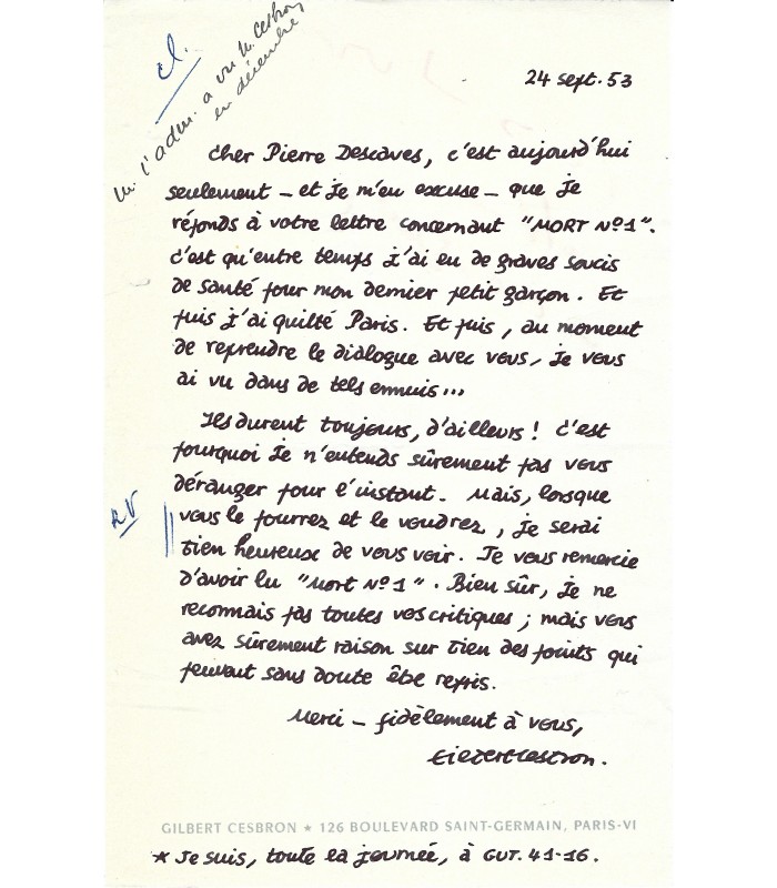 CESBRON (Gilbert), écrivain et homme de radio. Lettre autographe (G 4209)
