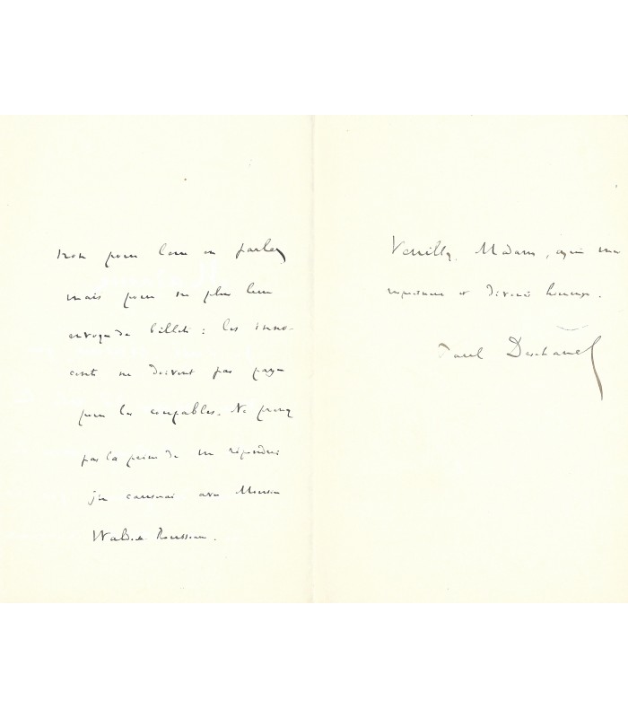 DESCHANEL (Paul), homme politique, Président de la République. Lettre et billet autographes (G 1194)