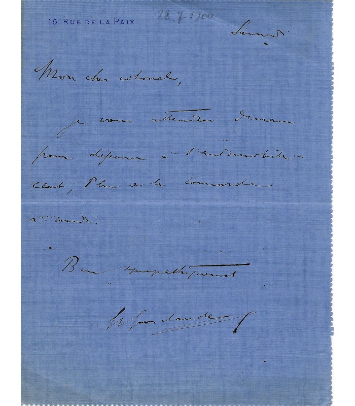 GROSCLAUDE (Frédéric), journaliste, chroniqueur et humoriste. Billet autographe (G 778)