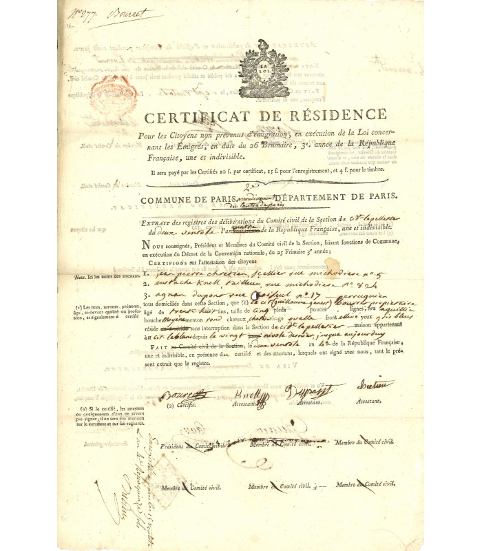 PARIS - CERTIFICAT DE RESIDENCE - 1796. Pièce signée (E 10320)