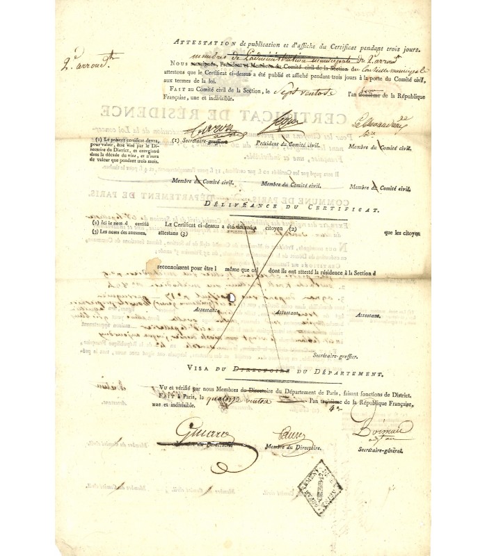 PARIS - CERTIFICAT DE RESIDENCE - 1796. Pièce signée (E 10320)
