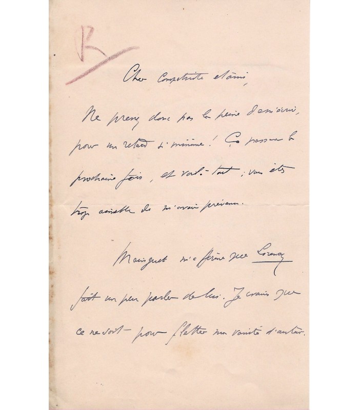 WILLY (Henri Gauthier-Villars, dit). Ecrivain, mari de Colette. Lettre autographe (G 1963)