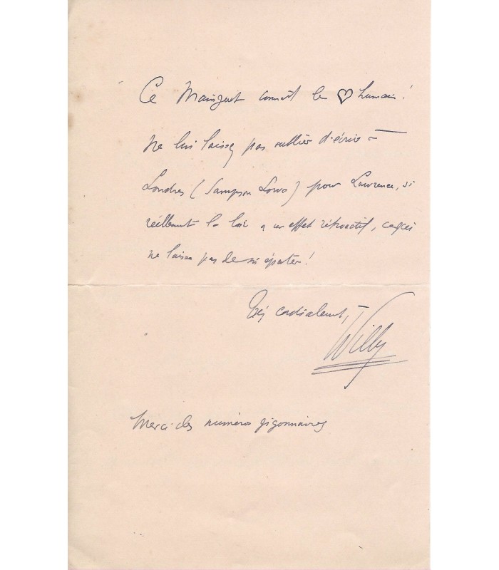 WILLY (Henri Gauthier-Villars, dit). Ecrivain, mari de Colette. Lettre autographe (G 1963)