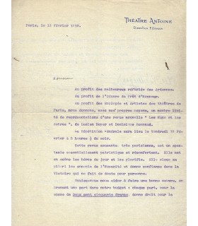 THEATRE ANTOINE. Pièce dactylographiée Signée par les artiste du Théâtre Antoine (G 1643)