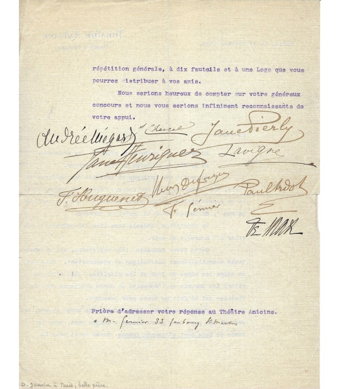 THEATRE ANTOINE. Pièce dactylographiée Signée par les artiste du Théâtre Antoine (G 1643)