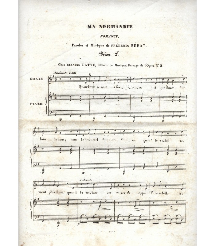 BERAT Frédéric, chansonnier, compositeur. Lettre Autographe (G 32)