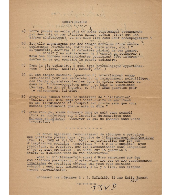 HADAMARD Jacques, mathématicien. Pièce dactylographiée (E 10912)