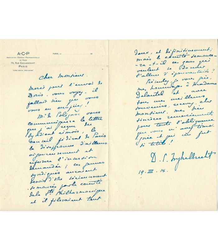 INGHELBRECHT Désiré, compositeur. Lettre Autographe (G 2292)