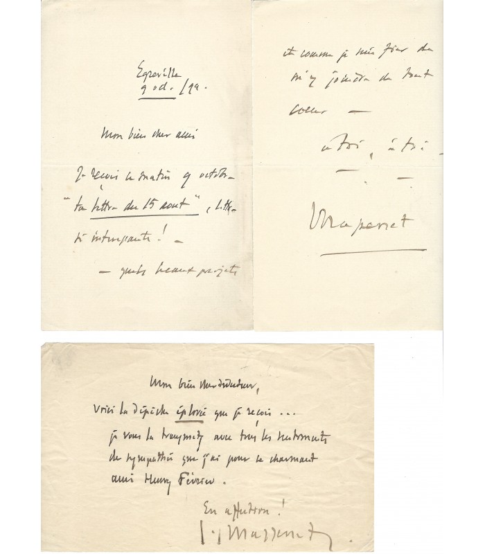MASSENET Jules, compositeur.  2 Lettres et 1 carte Autographes (E 10914)