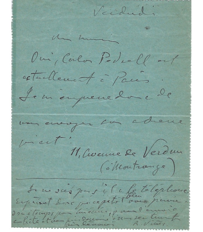 VINES Ricardo, pianiste. Billet Autographe ( E 10924)