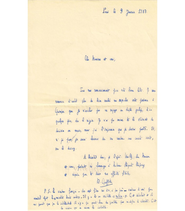 QUEFFELEC Henri, écrivain. Lettre Autographe (G 4945)