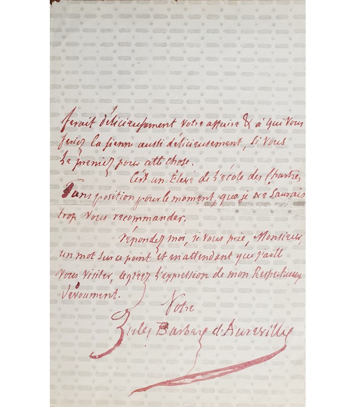 BARBEY D'AUREVILLY . Ecrivain, journaliste. Lettre autographe (vers 1856) (G 4557)