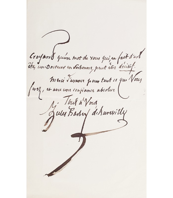 BARBEY D'AUREVILLY  Jules, écrivain. Lettre autographe S.  (G 3699)