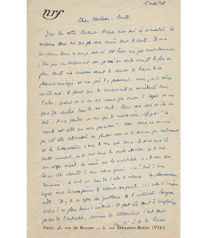 PARAIN (Brice). Philosophe et essayiste. Lettre autographe à Merleau-Ponty (G 4374)