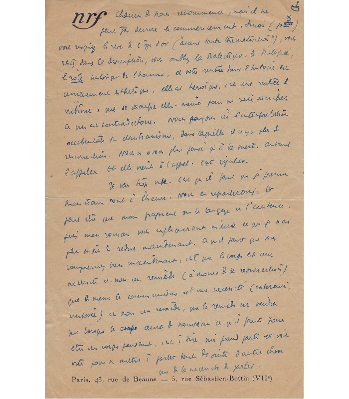 PARAIN (Brice). Philosophe et essayiste. Lettre autographe à Merleau-Ponty (G 4374)