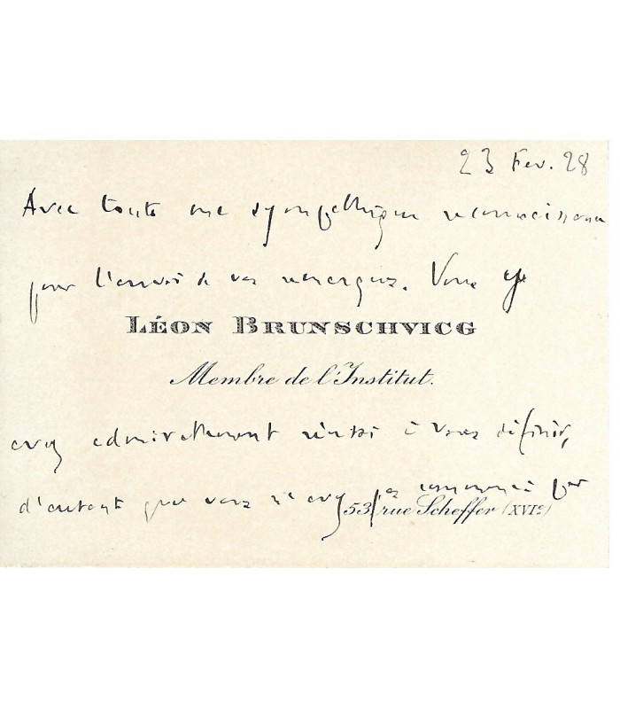 BRUNSCHVICG Léon, philosophe. Lettre Autographe (E 10930)