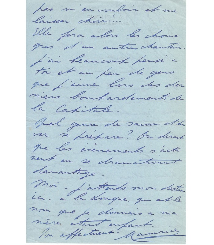 CHEVALIER Maurice, chanteur. Lettre Autographe (G 295)