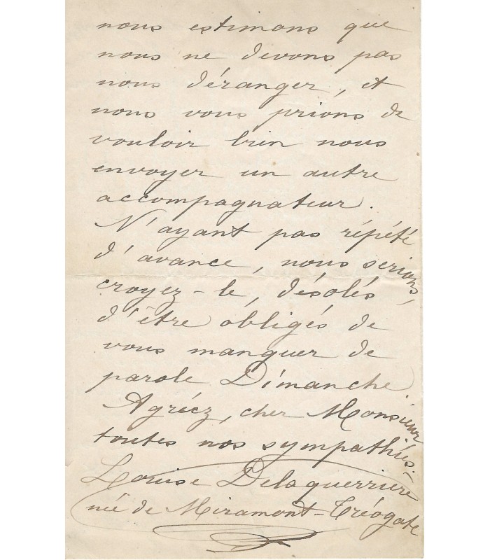 DELAQUIERRE Louise, soprano. Lettre Autographe (E 10932)