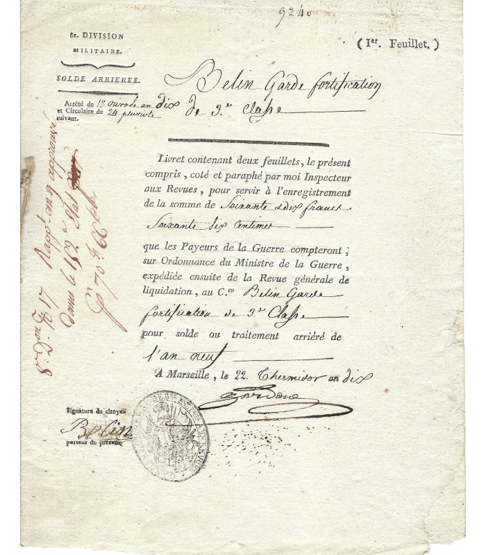 GARDANNE Gaspard, général de la révolution et de l'Empire . Pièce en patire imprimée (G 1076)