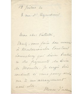MORENO Marguerite, comédienne. Lettre Autographe (G 3067)