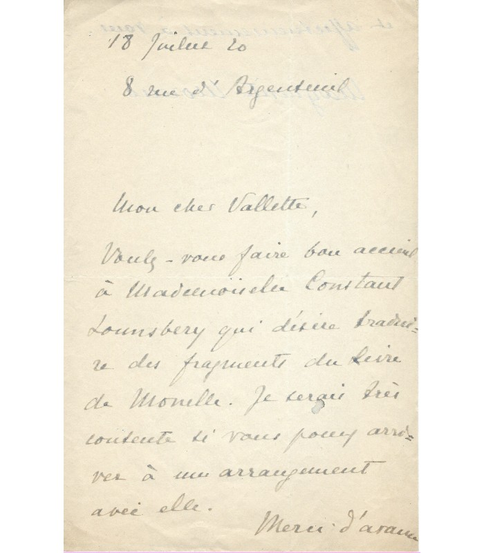 MORENO Marguerite, comédienne. Lettre Autographe (G 3067)