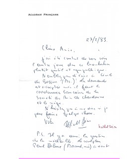 DEON (Michel), écrivain, rattaché au mouvement des "Hussards". Lettre autographe (G 6138)