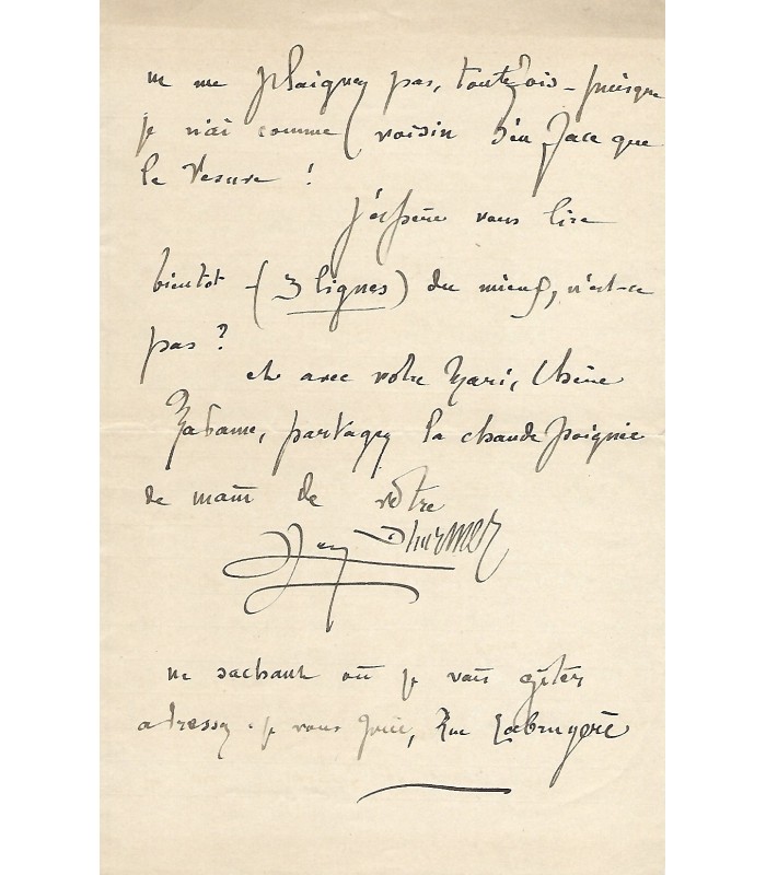LEVY-DHURMER (Lucien), peintre, sculpteur et céramiste. Lettre autographe (G 881)