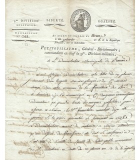 PETITGUILLAUME Pierre, général de la Révolution et de l'Empire. Lettre Signée (G 2901)