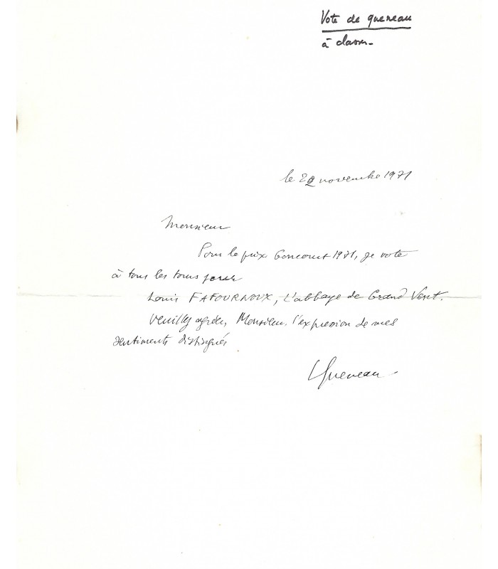 QUENEAU Raymond, écrivain. Lettre Autographe (G 5907)