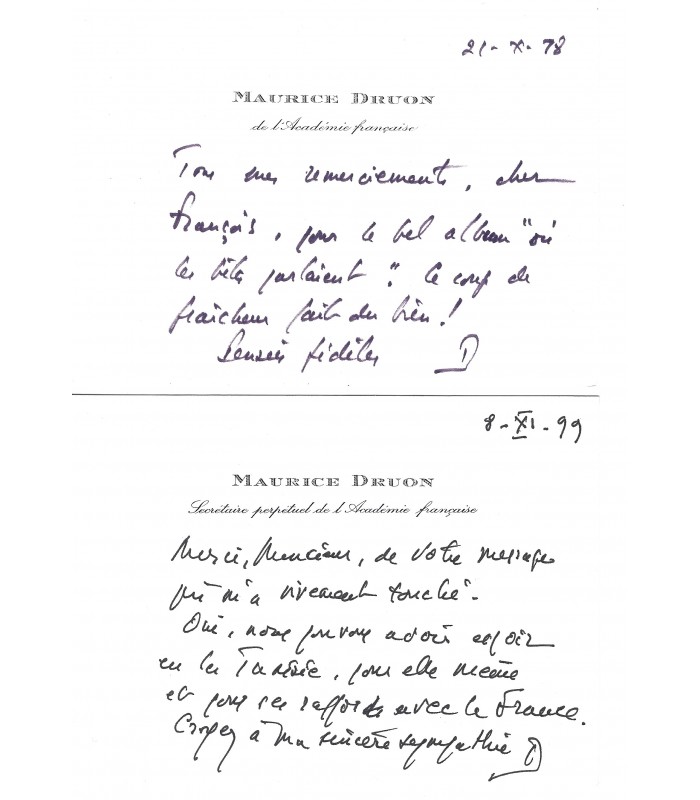 DRUON Maurice, écrivain. Carte Autographe (G 3664)