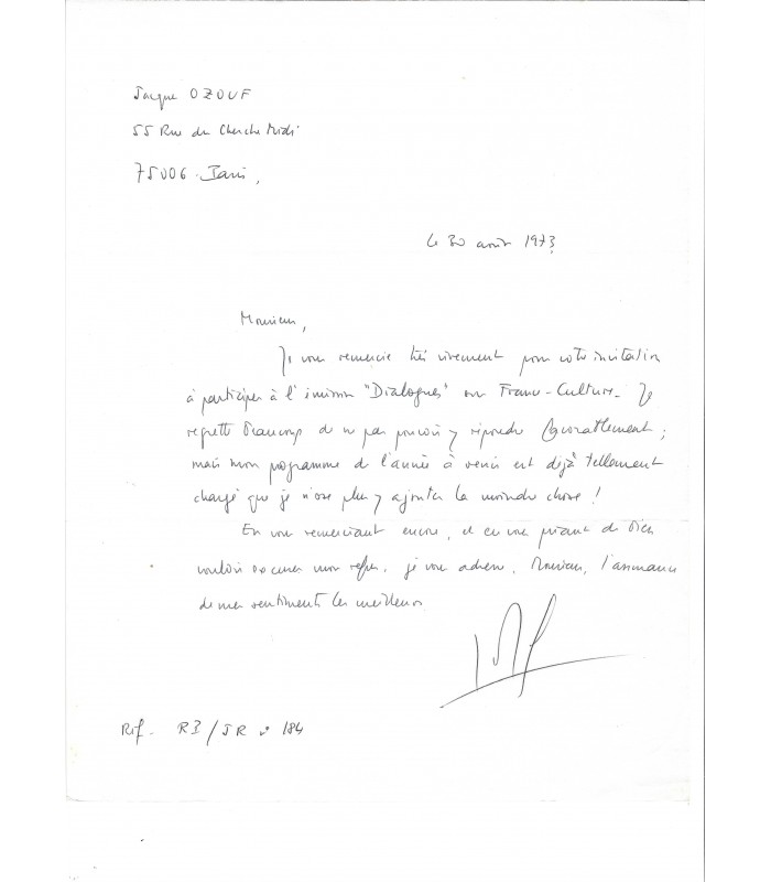 OZOUF Jacques, historien. Lettre Autographe (G 5282)