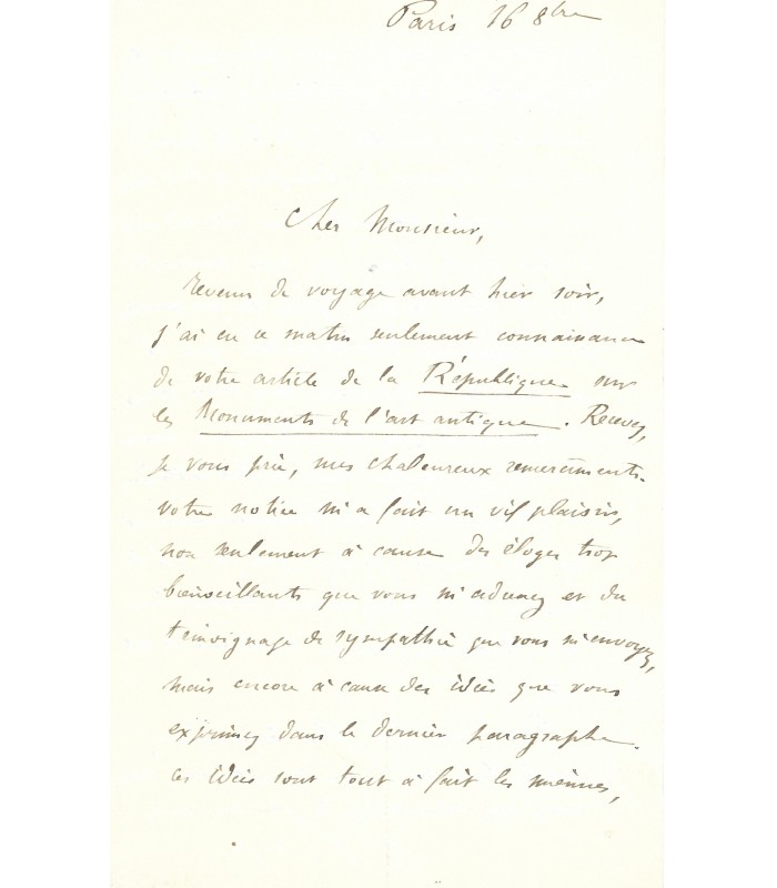 RAYET Olivier, archéologue, helléniste. Lettre Autographe (G 1782)