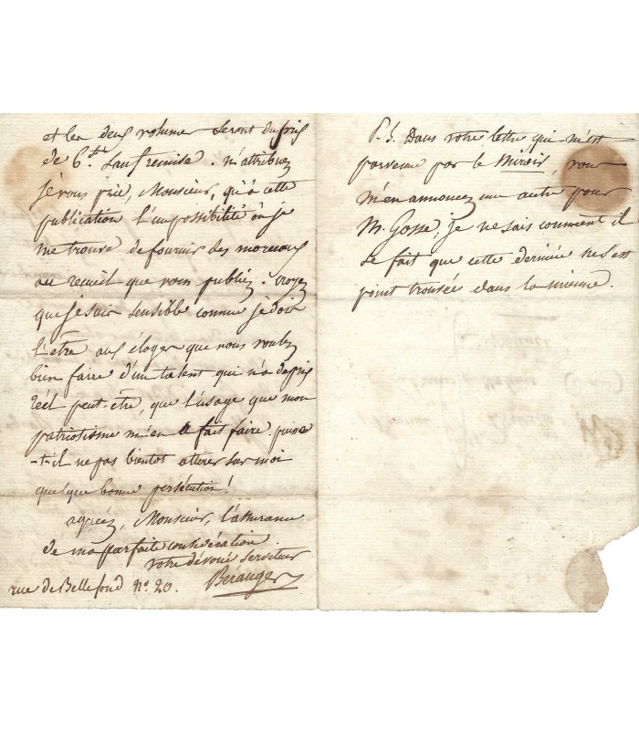 BERANGER Pierre Jean de, poète. Lettre Autographe (G 3418)