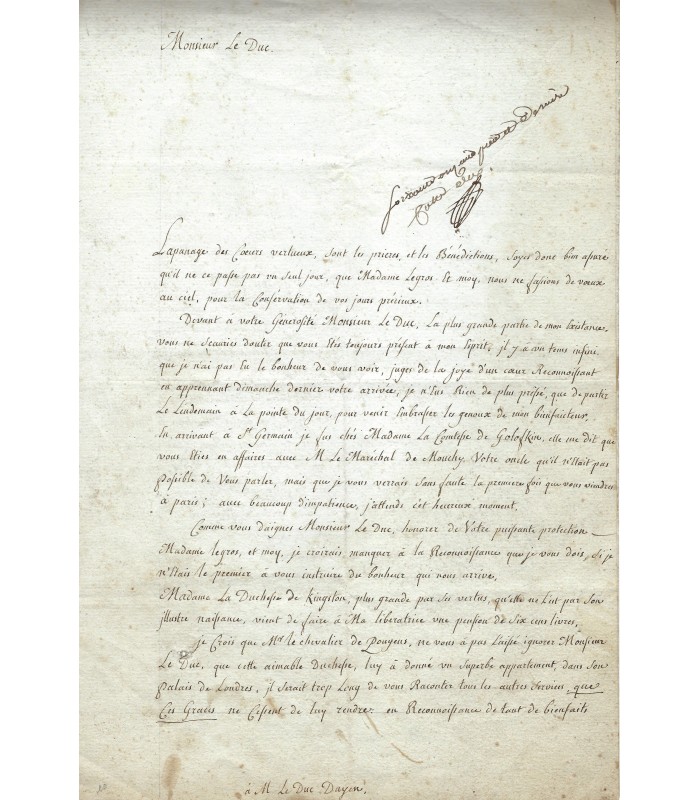 LATUDE Masers de, célèbre prisonnier. Lettre autographe (G 3390)