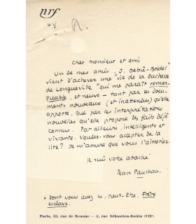 PAULHAN Jean, écrivain. Lettre Autographe (E 10150)