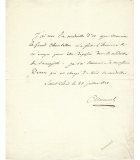 MENEVAL Claude François de, secrétaire de Napoléon I er. Billet Autographe (E 10952)